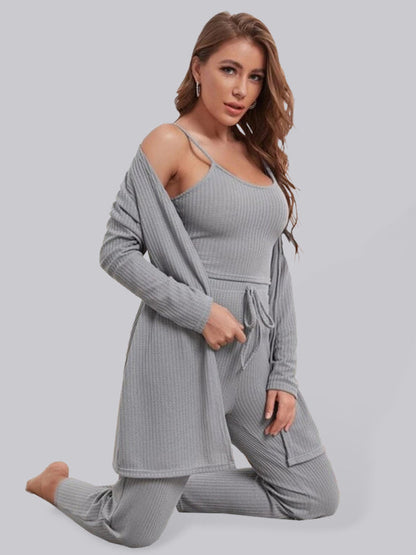 Loungewear- Women's 3 Piece Textured Loungewear Set - Pants, Cami & Cardigan- Grey- Pekosa Women Fashion