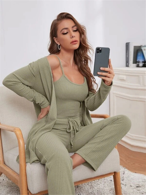 Loungewear- Women's 3 Piece Textured Loungewear Set - Pants, Cami & Cardigan- Green- Pekosa Women Fashion