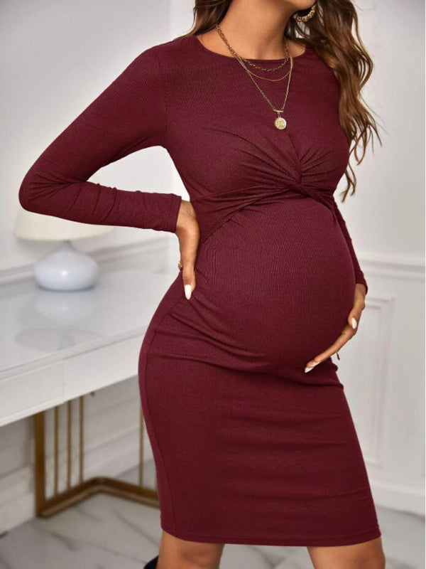 Bump-Hugging Maternity Knitted Bodycon Dress with Long Sleeves