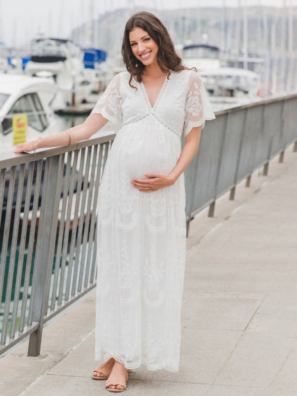 Trendy Lace Maternity Dress with Chic V-Neck Design