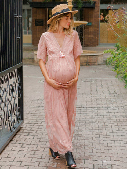 Trendy Lace Maternity Dress with Chic V-Neck Design