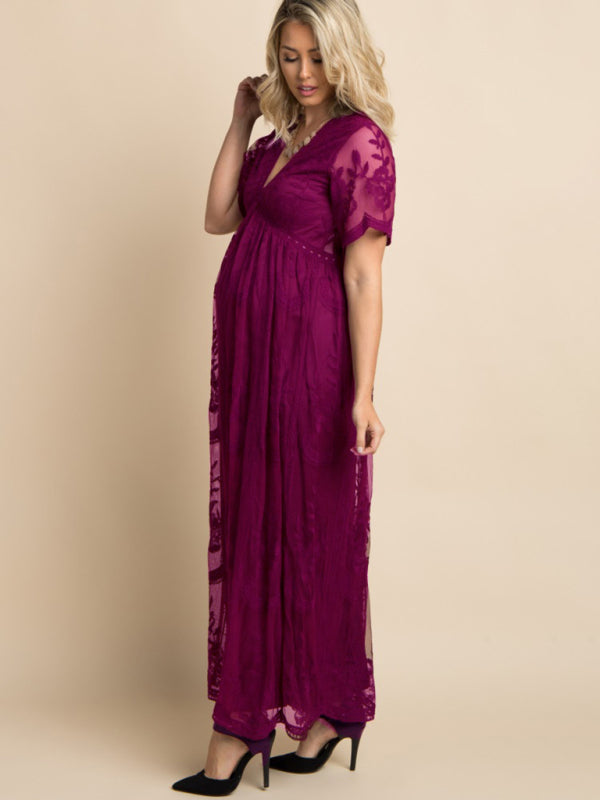 Trendy Lace Maternity Dress with Chic V-Neck Design