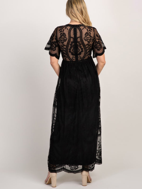 Trendy Lace Maternity Dress with Chic V-Neck Design