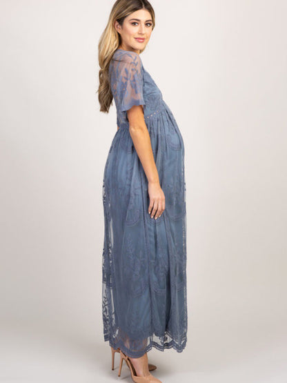 Trendy Lace Maternity Dress with Chic V-Neck Design