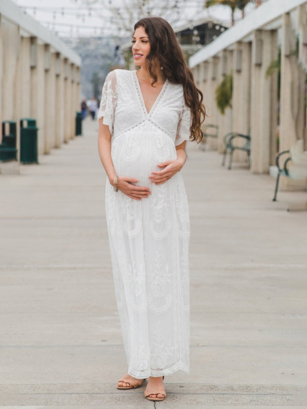 Trendy Lace Maternity Dress with Chic V-Neck Design