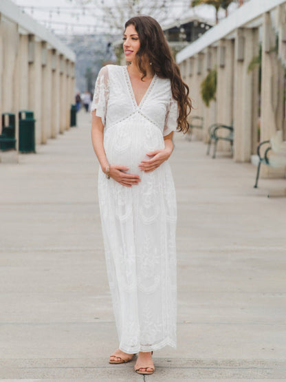 Trendy Lace Maternity Dress with Chic V-Neck Design