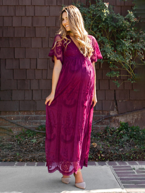 Trendy Lace Maternity Dress with Chic V-Neck Design