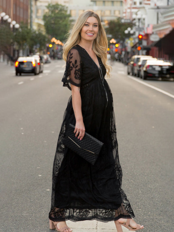 Trendy Lace Maternity Dress with Chic V-Neck Design