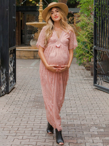 Trendy Lace Maternity Dress with Chic V-Neck Design