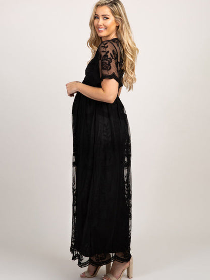 Trendy Lace Maternity Dress with Chic V-Neck Design