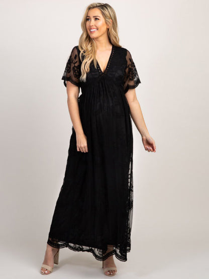 Trendy Lace Maternity Dress with Chic V-Neck Design