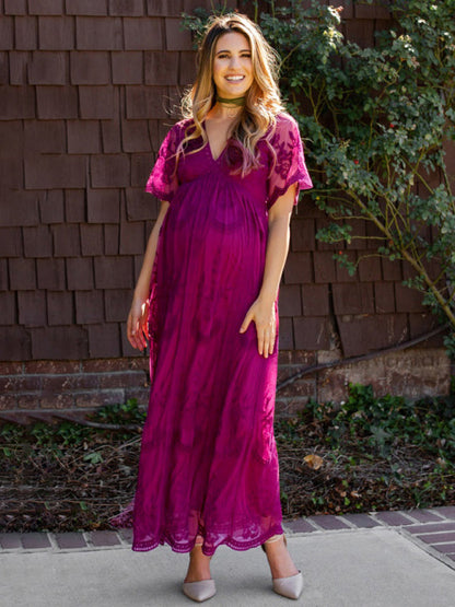 Trendy Lace Maternity Dress with Chic V-Neck Design