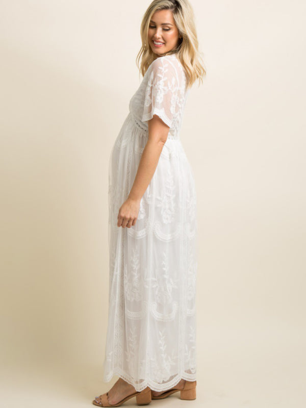 Trendy Lace Maternity Dress with Chic V-Neck Design