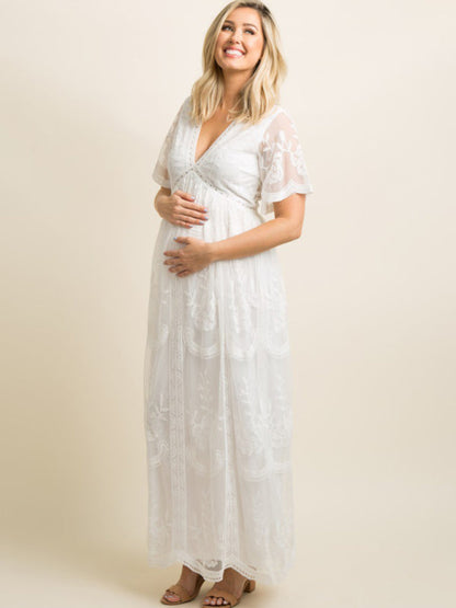 Trendy Lace Maternity Dress with Chic V-Neck Design