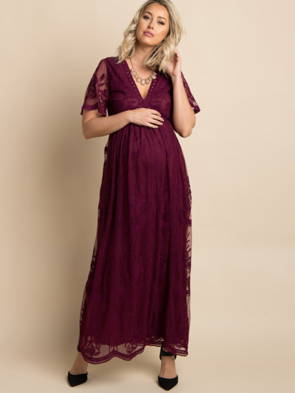 Trendy Lace Maternity Dress with Chic V-Neck Design