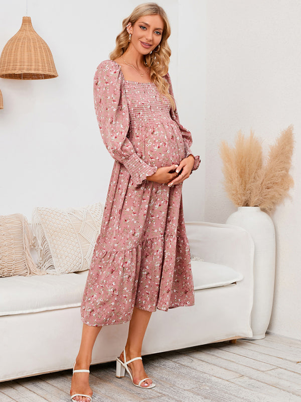 Maternity Dresses- Motherhood Floral Lantern Sleeve Maternity Dress for Baby Showers- - Chuzko Women Clothing