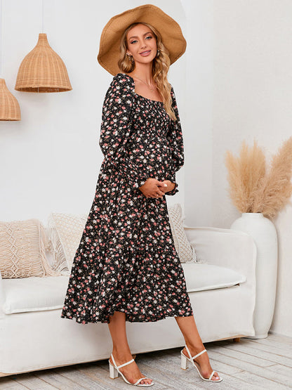 Maternity Dresses- Motherhood Floral Lantern Sleeve Maternity Dress for Baby Showers- - Chuzko Women Clothing