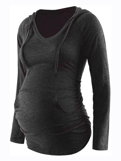 Maternity Wear Solid Hooded Long Sleeve Tee