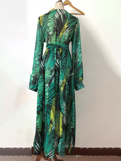 Maxi Dress- Abstract Print Long Sleeve Surplice Maxi Dress- - Pekosa Women Clothing