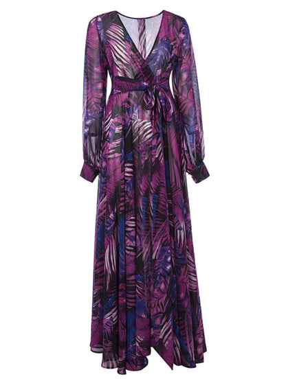 Maxi Dress- Abstract Print Long Sleeve Surplice Maxi Dress- - Pekosa Women Clothing