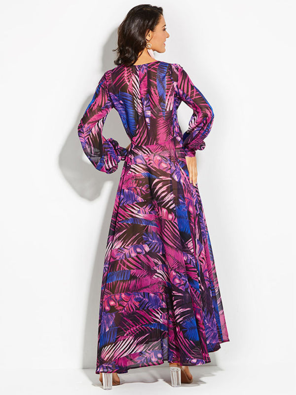 Maxi Dress- Abstract Print Long Sleeve Surplice Maxi Dress- - Pekosa Women Clothing