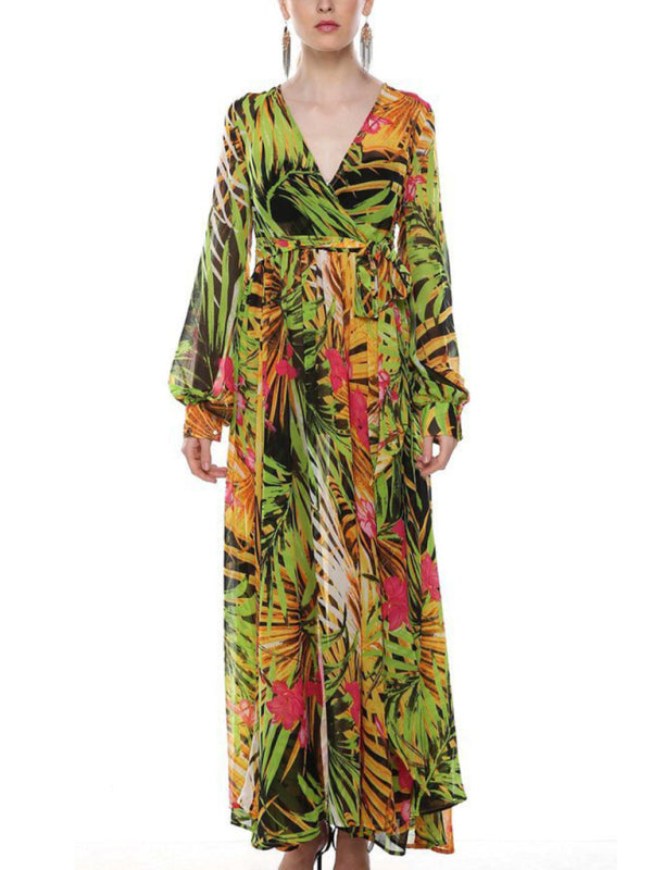 Maxi Dress- Abstract Print Long Sleeve Surplice Maxi Dress- - Pekosa Women Clothing