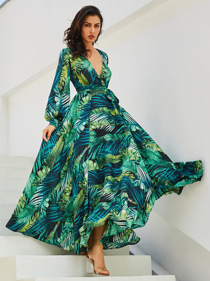 Maxi Dress- Abstract Print Long Sleeve Surplice Maxi Dress- - Pekosa Women Clothing