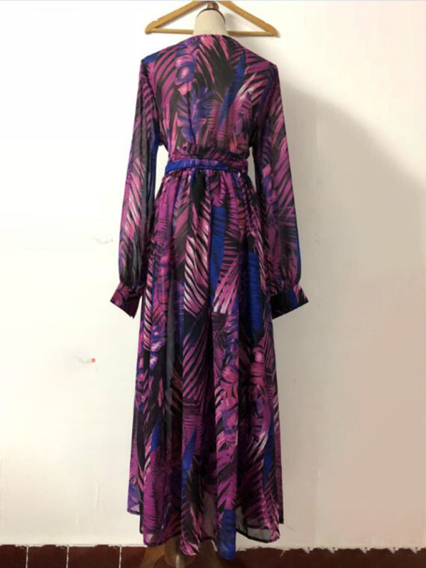 Maxi Dress- Abstract Print Long Sleeve Surplice Maxi Dress- - Pekosa Women Clothing