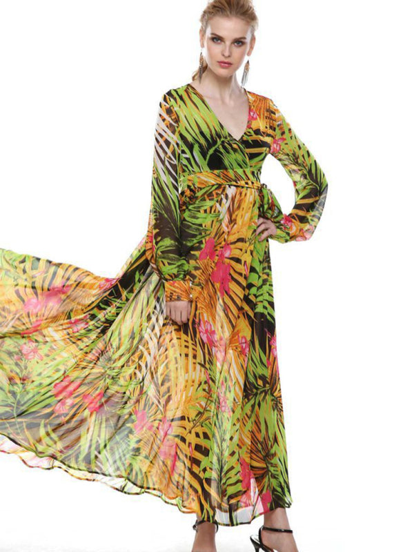 Maxi Dress- Abstract Print Long Sleeve Surplice Maxi Dress- - Pekosa Women Clothing