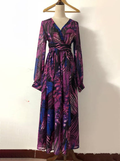 Maxi Dress- Abstract Print Long Sleeve Surplice Maxi Dress- - Pekosa Women Clothing