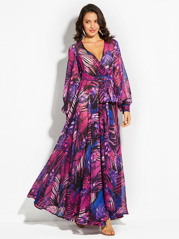 Maxi Dress- Abstract Print Long Sleeve Surplice Maxi Dress- - Pekosa Women Clothing