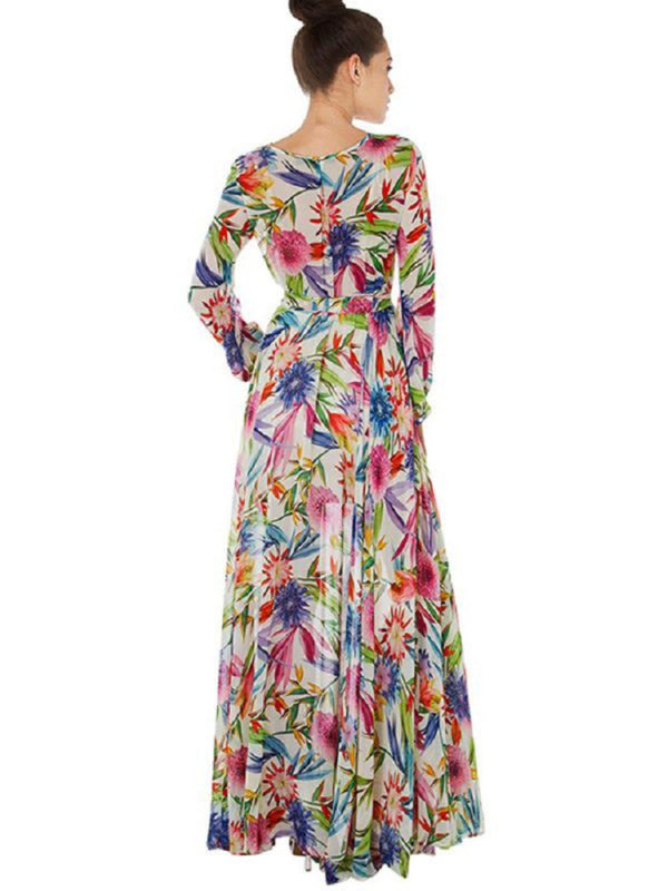 Maxi Dress- Abstract Print Long Sleeve Surplice Maxi Dress- - Pekosa Women Clothing