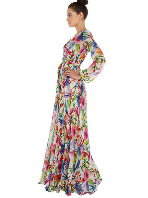 Maxi Dress- Abstract Print Long Sleeve Surplice Maxi Dress- - Pekosa Women Clothing