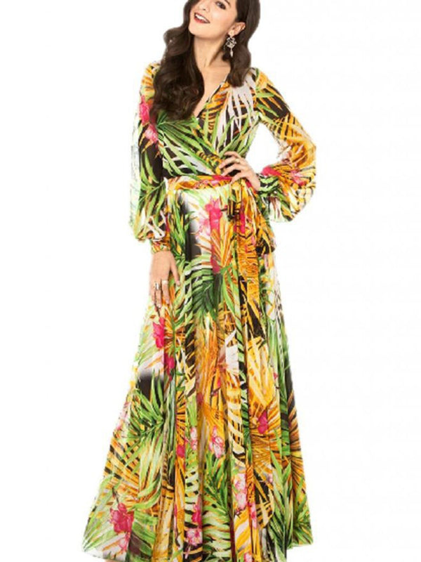 Maxi Dress- Abstract Print Long Sleeve Surplice Maxi Dress- Yellow- Pekosa Women Clothing