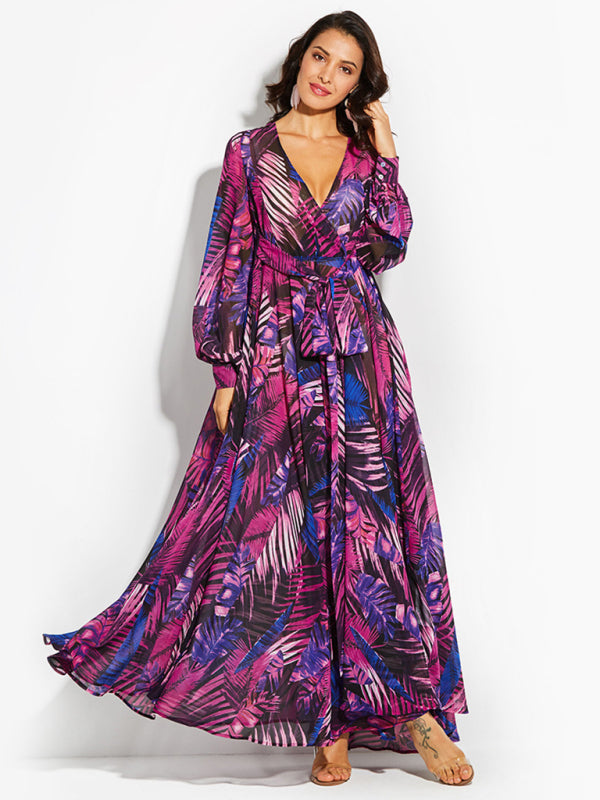 Maxi Dress- Abstract Print Long Sleeve Surplice Maxi Dress- Purple- Pekosa Women Clothing