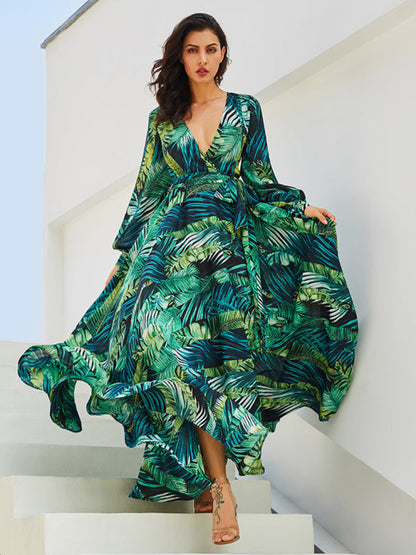 Maxi Dress- Abstract Print Long Sleeve Surplice Maxi Dress- Green- Pekosa Women Clothing