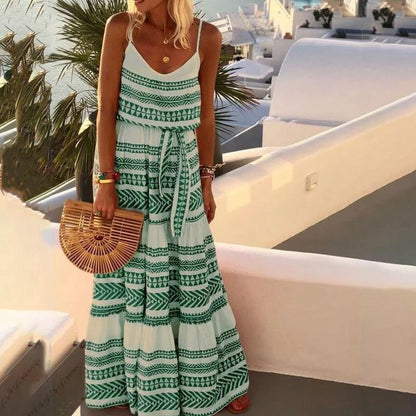 Maxi Dress- Boho Print Tiered Waist Tie Cami Maxi Dress- Green- Pekosa Women Clothing