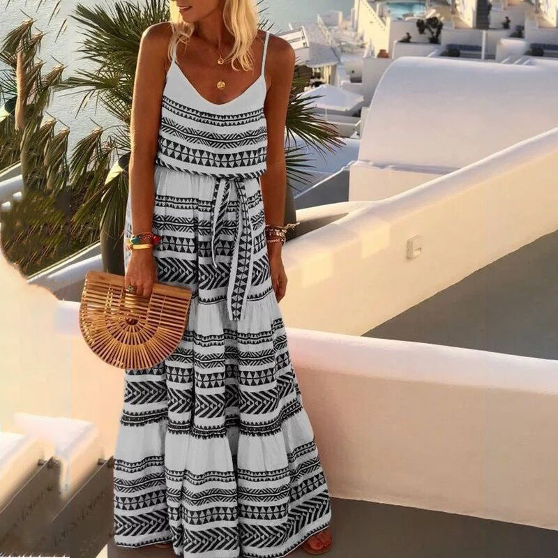 Maxi Dress- Boho Print Tiered Waist Tie Cami Maxi Dress- Black- Pekosa Women Clothing