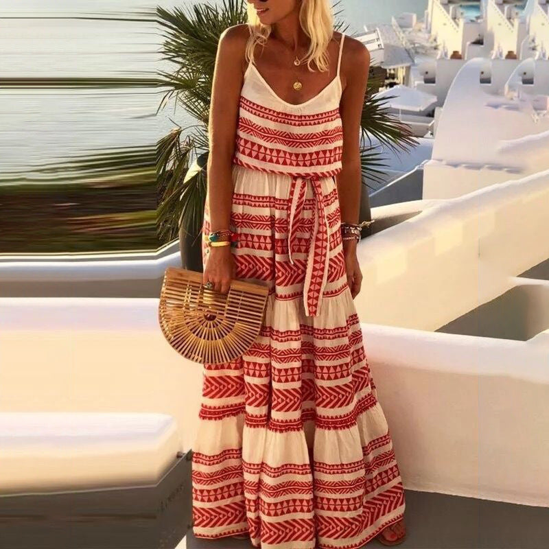 Maxi Dress- Boho Print Tiered Waist Tie Cami Maxi Dress- Red- Pekosa Women Clothing