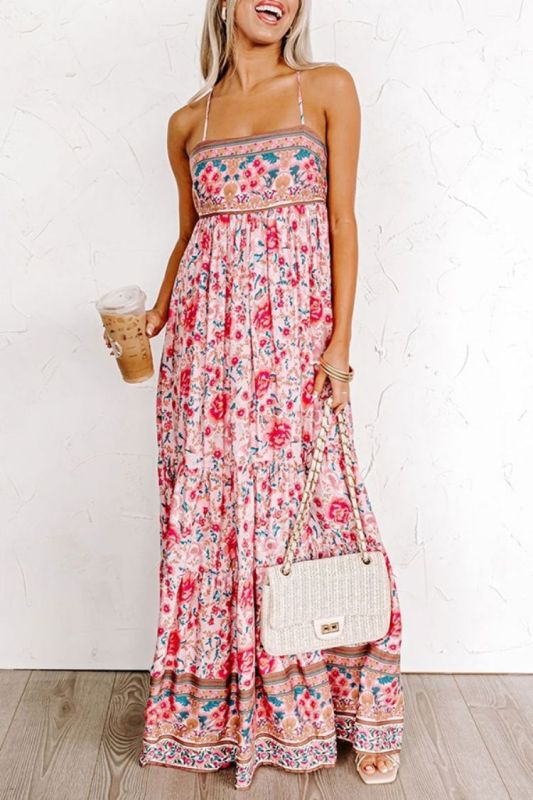Maxi Dress- Charming Floral Backless Cami Maxi Dress with Adjustable Straps- Pink- Pekosa Women Clothing