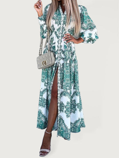 Maxi Dress- Women's Bohemian Vintage Vacation Maxi Dress- Green- Pekosa Women Clothing