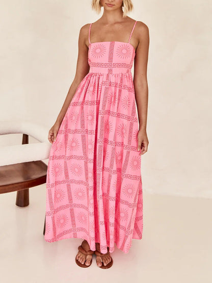 Maxi Dresses- A-Line Cami Maxi Dress in Summer Print with Open Back- Pink- Pekosa Women Clothing