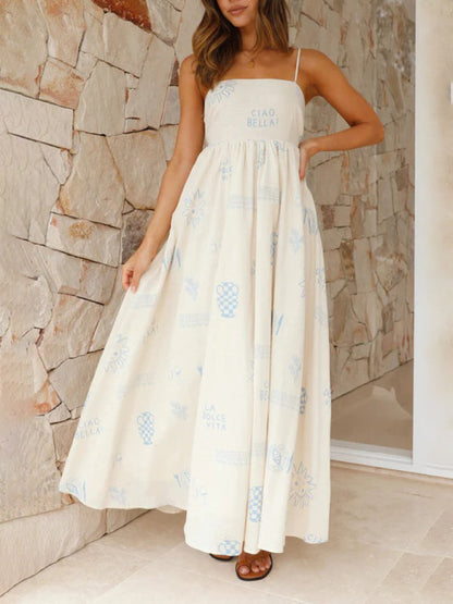 Maxi Dresses- A-Line Cami Maxi Dress in Summer Print with Open Back- Blue- Pekosa Women Clothing