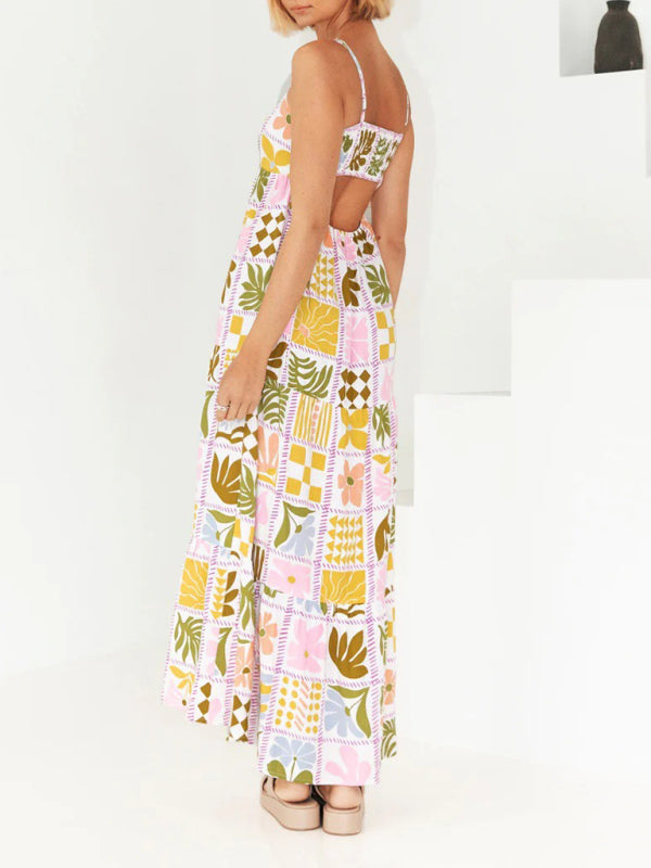 Maxi Dresses- A-Line Cami Maxi Dress in Summer Print with Open Back- - Pekosa Women Clothing