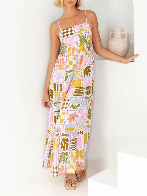 Maxi Dresses- A-Line Cami Maxi Dress in Summer Print with Open Back- - Pekosa Women Clothing