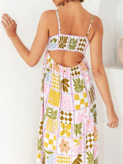 Maxi Dresses- A-Line Cami Maxi Dress in Summer Print with Open Back- - Pekosa Women Clothing