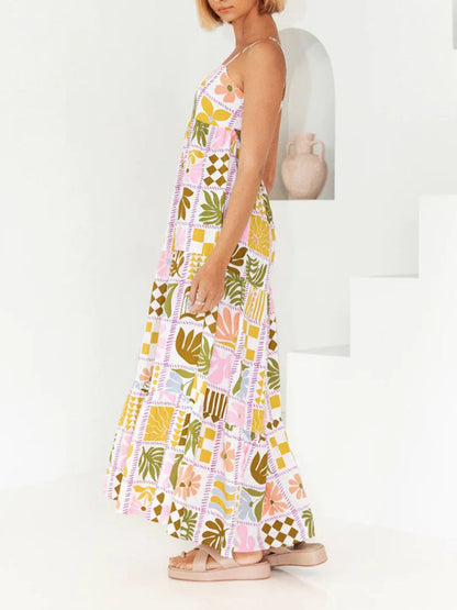 Maxi Dresses- A-Line Cami Maxi Dress in Summer Print with Open Back- - Pekosa Women Clothing