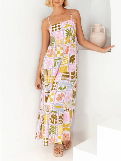 Maxi Dresses- A-Line Cami Maxi Dress in Summer Print with Open Back- Pastel pink- Pekosa Women Clothing