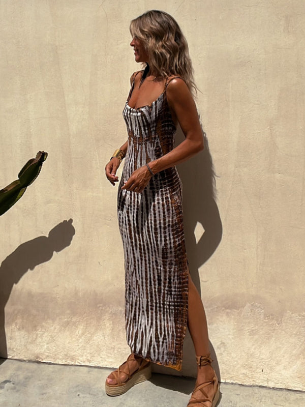 Maxi Dresses- Animal Print Bodycon Split Thigh Cami Maxi Dress- - Pekosa Women Clothing