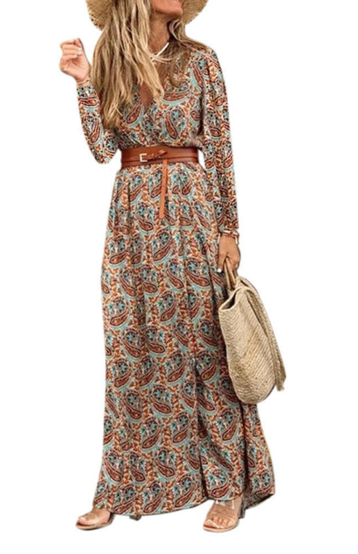 Maxi Dresses- Autumn Floral Wrap Maxi Dress with Belt & Long Sleeve & V-Neck- - Pekosa Women Clothing